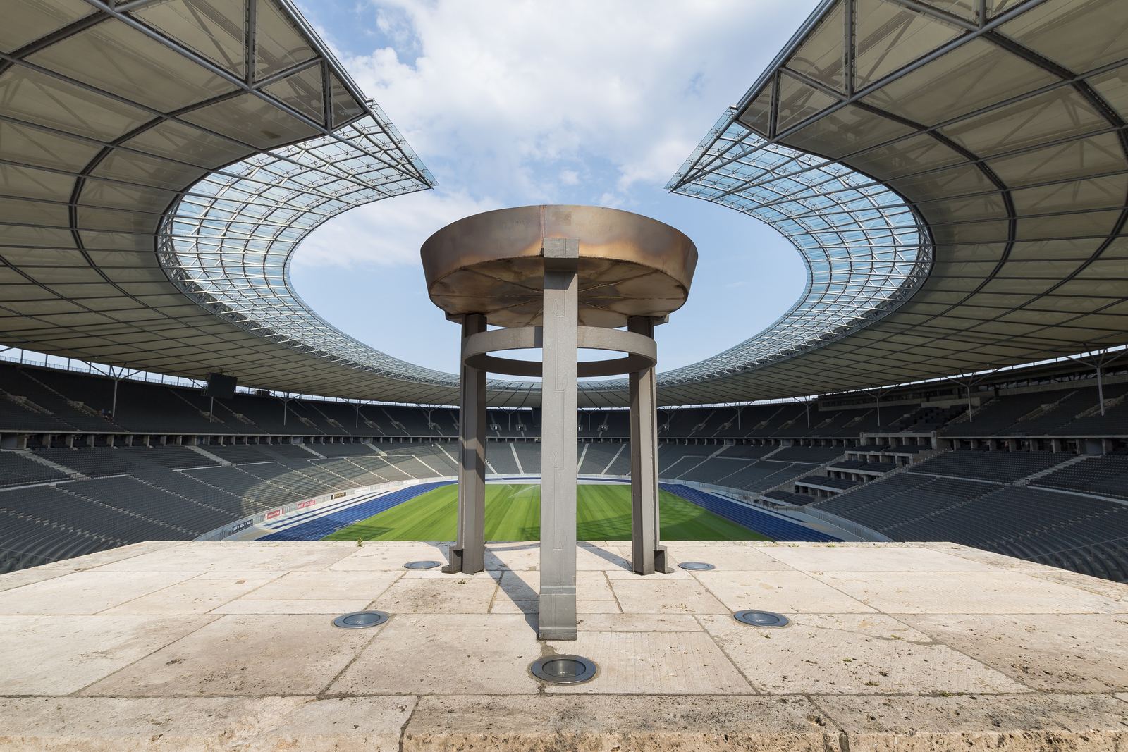 Inside the Olympic Stadium in Berlin with its blue running track